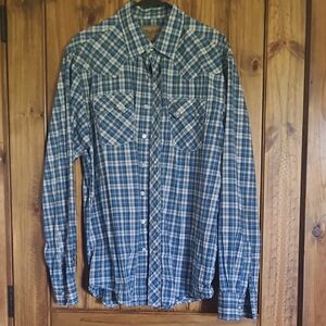 Wrangler Blue and White Plaid Pearl Snap Western Shirt. Size LT